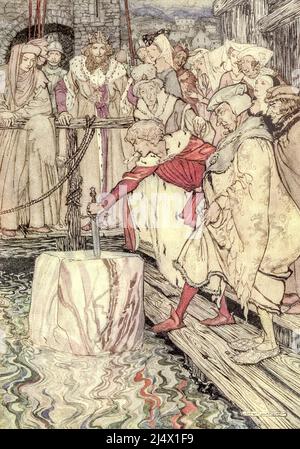 Come Galahad tirò fuori la spada dalla pietra galleggiante a Camelot dal libro ' il romanticismo di Re Artù e dei suoi cavalieri della Tavola rotonda ' Abridged dalla morte D'Arhur di Sir Thomas Malory di Alfred W. Pollard illustrato da Arthur Rackham Editore New York : Macmillan 1920 Foto Stock