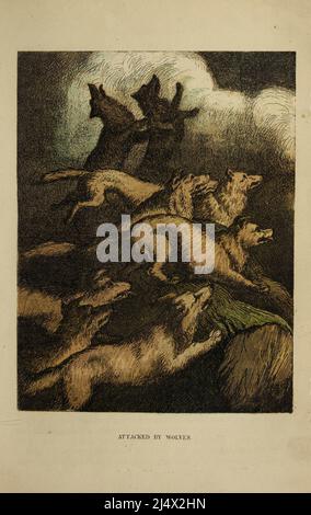 Attaccata da Wolves dal libro The life and Adventures of Robinson Crusoe di Daniel Defoe, illustrato a colori da EDWARD H. WEHNERT. Editore Boston (Franklin e Hawley Streets) : D. Lothrop and Company 1884 Foto Stock