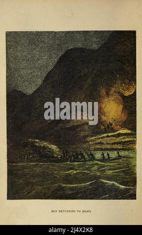 Uomini di ritorno alle barche dal libro The life and Adventures of Robinson Crusoe di Daniel Defoe, illustrato a colori da EDWARD H. WEHNERT. Editore Boston (Franklin e Hawley Streets) : D. Lothrop and Company 1884 Foto Stock