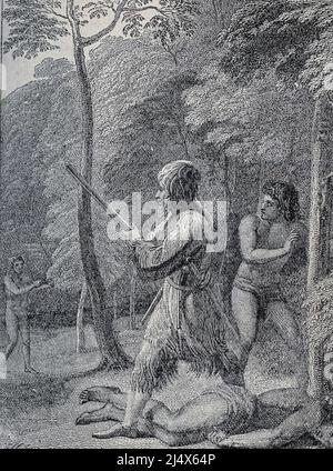 Robinson Crusoe prima vede e rescue il suo uomo Venerdì dal libro The life and Adventures of Robinson Crusoe di Daniel Defoe, illustrato da THOMAS STOTHARD Publisher Boston (Franklin and Hawley Streets) : D. Lothop and Company 1884 Foto Stock