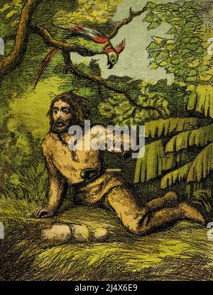 Il Parrot di Crusoe lo sveglia dal libro The life and Adventures of Robinson Crusoe di Daniel Defoe, illustrato a colori da EDWARD H. WEHNERT. Editore Boston (Franklin e Hawley Streets) : D. Lothrop and Company 1884 Foto Stock