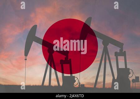 Concetto dell'industria petrolifera giapponese, illustrazione industriale. Bandiera del Giappone e pozzi petroliferi, mercato azionario, economia di cambio e commercio, produzione petrolifera Foto Stock