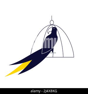 Pappagallo in gabbia, animale domestico nero stilizzato isolato su sfondo bianco Illustrazione Vettoriale