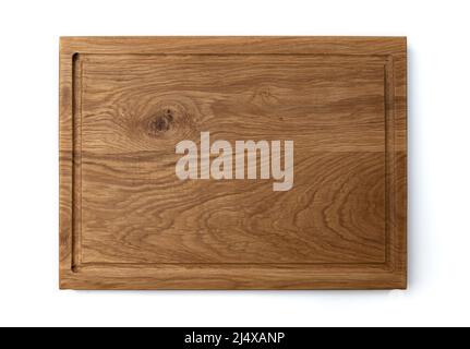 nuovo tagliere rettangolare in legno, vista dall'alto, isolato su sfondo bianco Foto Stock