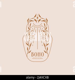 Logo Boho con le mani femminili, pianta e sole. Emblema vettoriale per la guarigione botanica, cosmetica naturale, erbe medicinali, prodotti ecologici, esoterico, ecc.. Illustrazione Vettoriale