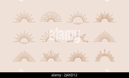 Elementi di progettazione della linea Sun Rays. Icone lineari vettoriali in stile boho minimo. Logo a forma di semicerchio. Set di simboli al tramonto o all'alba. Illustrazione Vettoriale