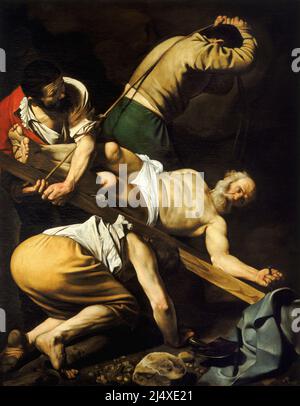 Artista: Caravaggio (1571-1610) titolo: Crocifissione di San Pietro, 1600-1601. Cappella Cerasi, Santa Maria del Popolo, Roma, Italia. Foto Stock