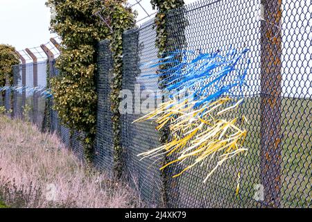 Nastri blu e giallo che fanno la bandiera Ucraina sulla recinzione perimetrale di Manston Airport Kent UK Foto Stock