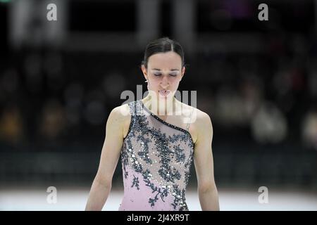 Justine MICLETTE (CAN), durante lo Skating libero delle donne, al campionato di skating di figura Junior del mondo ISU 2022, alla sala di ghiaccio di Tondiraba, il 17 aprile 2022 a Tallinn, Estonia. Credit: Raniero Corbelletti/AFLO/Alamy Live News Foto Stock