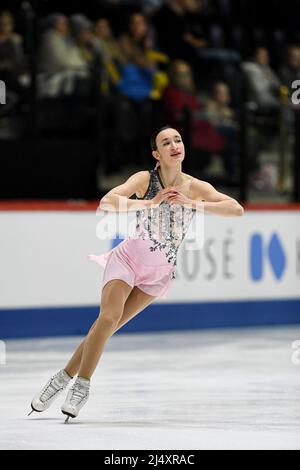 Justine MICLETTE (CAN), durante lo Skating libero delle donne, al campionato di skating di figura Junior del mondo ISU 2022, alla sala di ghiaccio di Tondiraba, il 17 aprile 2022 a Tallinn, Estonia. Credit: Raniero Corbelletti/AFLO/Alamy Live News Foto Stock