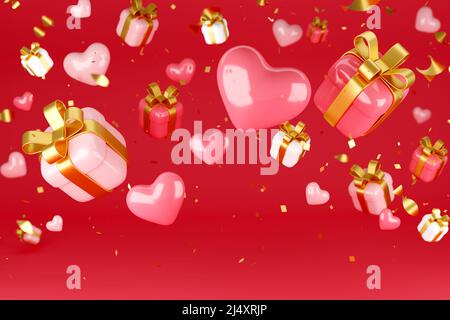 Scatole regalo rosse, rosa e bianche e cuori che cadono su sfondo rosso Foto Stock