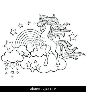 Un bellissimo unicorno con un arcobaleno e stelle. Contorno lineare bianco e nero. Vettore Illustrazione Vettoriale