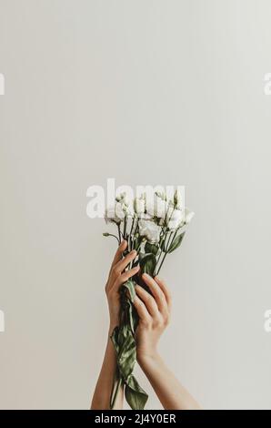 Primo piano belle mani sofisticate femminili con fiori bianchi Foto Stock
