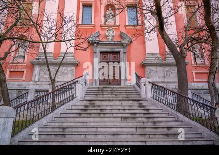 Chiesa Francescana dell'Annunciazione accanto a Piazza Preseren nel centro storico di Lubiana, Slovenia Foto Stock