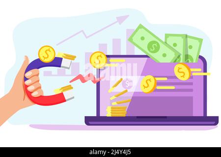 Magnete in mano di businessman tira i soldi verso l'esterno laptop denaro business successo dollaro magnete computer con soldi web o attirare investimenti IT business V Illustrazione Vettoriale