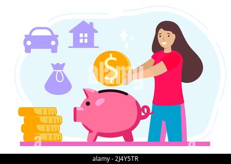 Mettere soldi Piggy banca vettori felice donna mettere moneta in Piggy banca vettore disegno illustrazioni bilancio famiglia risparmi e denaro di investimento. Illustrazione Vettoriale