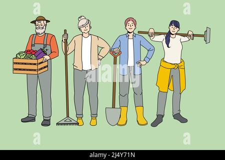 Felice agricoltori diversi con strumenti coinvolti in agricoltura biologica e rustica coltivazione. Uomini e donne giardinieri che coltivano prodotti ecologici. Giardinaggio villaggio e agricoltura. Illustrazione vettoriale. Illustrazione Vettoriale
