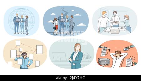 Insieme di uomini d'affari diversi al lavoro con colleghi o subordinati. La raccolta di dipendenti o lavoratori collabora con colleghi. Lavoro di squadra e leadership. Illustrazione vettoriale. Illustrazione Vettoriale