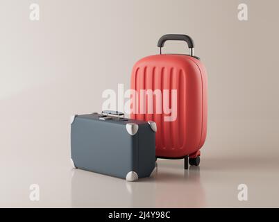 Semplici valigie di gruppo per viaggiare sul piano 3D rappresentazione illustrazione. Oggetto isolato in background Foto Stock