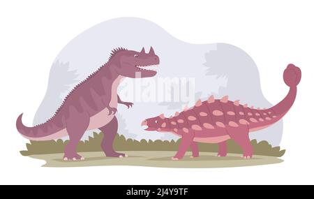 Lotta di due dinosauri. Ceratosauro predatorio contro ankylosaurus erbivoro. [ Animali del periodo Giurassico. Lucertole antiche. Vettore carto Illustrazione Vettoriale