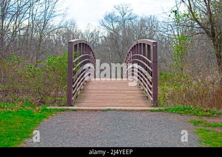 Passerella pedonale in acciaio con passerella in legno che attraversa una stretta sezione del Delaware e del canale Raritan al Colonial Park, Franklin, NJ, -12 Foto Stock