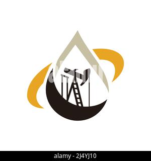 Idea di design del logo industriale per gas e petrolio con forma a goccia di olio e fiamma. Logo Black e Gold per il business energetico. Layout del logo delle risorse energetiche. Illustrazione Vettoriale