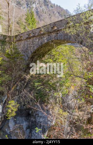 Riedern, Canton Glarona, Svizzera, 13 aprile 2022 storico ponte in pietra in una foresta attraverso un piccolo canyon Foto Stock