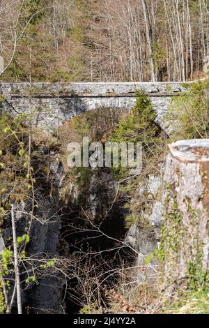 Riedern, Canton Glarona, Svizzera, 13 aprile 2022 storico ponte in pietra in una foresta attraverso un piccolo canyon Foto Stock