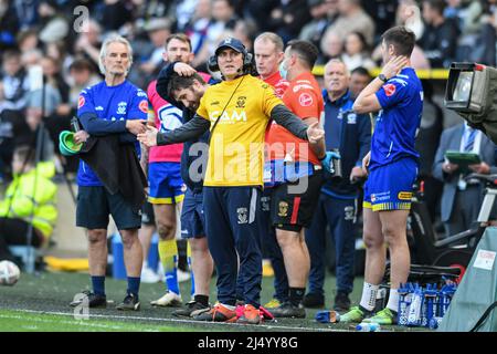 Ryan Sheridan Assistant Coach of Warrington Wolves chiede una decisione Foto Stock