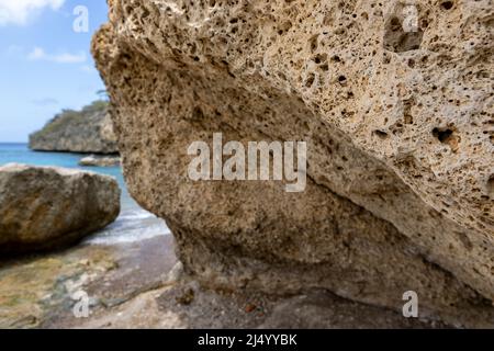 Roccia corallina sulle rive di Playa Jeremi sull'isola caraibica di Curacao Foto Stock