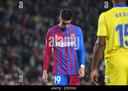 Barcellona, Barcellona, Spagna, Spagna. 18th Apr 2022. BARCELLONA, SPAGNA - APRILE 18: Ferran Torres del FC Barcelona reagisce dopo la partita la Liga 2022 tra il FC Barcelona e CÃ¡diz a Camp Nou il 18 aprile 2022 a Barcellona, Spagna. (Credit Image: © Sara Aribo/PX Imagens via ZUMA Press Wire) Foto Stock