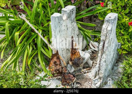 Un'ancora arrugginita e conchiglie stagne fuori dal Museo Bimini sulla Kings Highway nelle Bahamas. Foto Stock