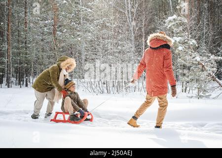 Giovane donna nera che spinge la slitta con il suo piccolo figlio felice, mentre l'uomo in winterwear che la tira durante la passeggiata nella foresta il giorno d'inverno Foto Stock