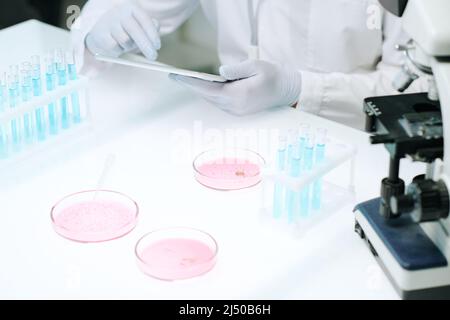 Le mani di un chimico contemporaneo si sono guamate in whitecoat che tiene la tavoletta durante la rete mentre si siede sul posto di lavoro con capsule di Petri e fiasche Foto Stock