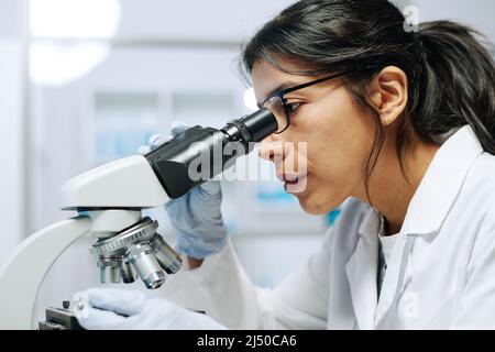 Vista laterale di giovane biochimica femminile seria in whitecoat, guanti e occhiali guardando al microscopio durante la ricerca scientifica Foto Stock