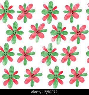 Acquerello disegno a mano senza giunture con rosso verde forme astratte elementi fiori, brillante sfondo estivo. Moderno design minimalista in tessuto per carta da parati in tessuto, semplici forme organiche Foto Stock