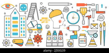 Riparazione domestica, tecnologia di miglioramento della casa. Lavori di costruzione di edifici con strumenti di manutenzione da cassetta degli attrezzi, arredamento e disegni designer, ristrutturazione in infografica concept banner, design sottile linea d'arte Illustrazione Vettoriale