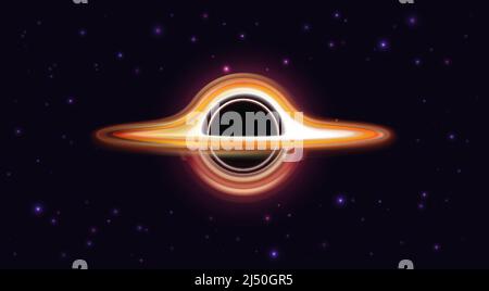 Buco nero con singolarità nello spazio scuro con illustrazione vettoriale a stelle. Esplosione cosmica astratta in galassia con effetto di luce circolare vortex, lucentezza magica di swirl sfondo del buco del verme galattico Illustrazione Vettoriale