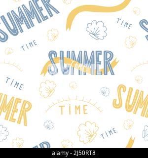 Motivo senza giunture ora legale. Caratteri decorativi gialli blu, conchiglie, sole e nastri su sfondo bianco. Illustrazione vettoriale. Per la progettazione e. Illustrazione Vettoriale