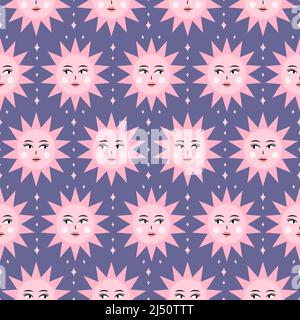 Motivo Sun senza cuciture. Carino sfondo vettoriale disegnato a mano con pianeti. Perfetto per la creazione di tessuti, tessuti, carta da imballaggio, imballaggio. Illustrazione Vettoriale