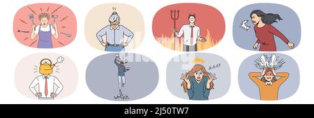 Insieme di persone arrabbiate urlare e gridare si sentono furiosi e infuriati. Collezione di pazzi uomini e donne mostrano emozioni gridare e fare rumore. Concetto di rabbia e furia. Illustrazione vettoriale. Illustrazione Vettoriale