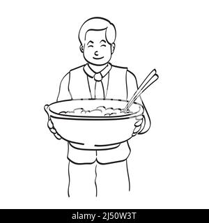 cameriere asiatico maschio che tiene grande ciotola di spaghetti illustrazione vettore disegnato a mano isolato su bianco sfondo linea art. Illustrazione Vettoriale