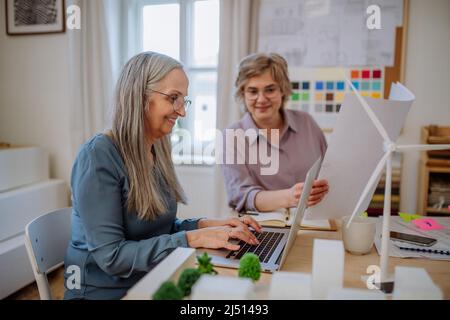 Le donne anziane sono eco architetti con progetti che lavorano insieme su un notebook in ufficio. Foto Stock