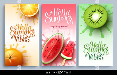 Set poster vettoriale di Summer Vibes. Ciao estate testo tipografico con frutta tropicale fetta in astratto splash per fresco vacanza stagione saluto design. Illustrazione Vettoriale