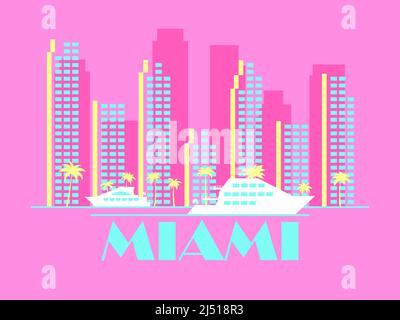 Paesaggio di Miami in stile vintage. Grattacieli con palme e yacht. Banner città per stampa, poster e materiale promozionale. Logo della città. Vettore Illustrazione Vettoriale