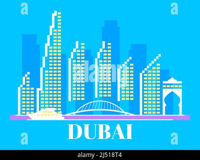 Paesaggio urbano di Dubai con grattacieli, ponti, palme e yacht. Banner skyline della città degli Emirati Arabi Uniti di Dubai per stampe, poster e materiale promozionale. Vettore il Illustrazione Vettoriale