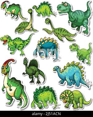 Set di adesivi di diversi dinosauri cartoni animati Illustrazione Vettoriale