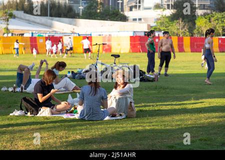 15 5 2021 persone chiacchierano e giocano sull'erba a Tsim Sha Tsui, Penisola di Kowloon, visto nel parco West Kowloon Waterfront Promenade a Hong Kong Foto Stock
