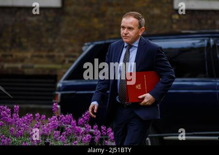 Downing St. London, Regno Unito. 19th aprile 2022. Il Segretario di Stato per l'ambiente, l'alimentazione e gli affari rurali di Rt Hon George Eustice arriva a Downing Street per partecipare alla riunione del Gabinetto al numero 10. Chris Aubrey/Alamy Live News Foto Stock