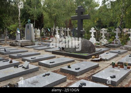 Memorial croce ortodossa a cosacchi russi accanto alle tombe dei cosacchi russi al cimitero russo di Sainte-Geneviève-des-Bois (Cimetière russe de Sainte-Geneviève-des-Bois) vicino a Parigi, Francia. La croce è dedicata ai cosacchi russi che erano i membri dell'Esercito Bianco durante la guerra civile russa. La tomba del generale russo Afrikan Bogaewsky (1873-1934) che era l'Ataman della Repubblica Don è vista sullo sfondo. Foto Stock